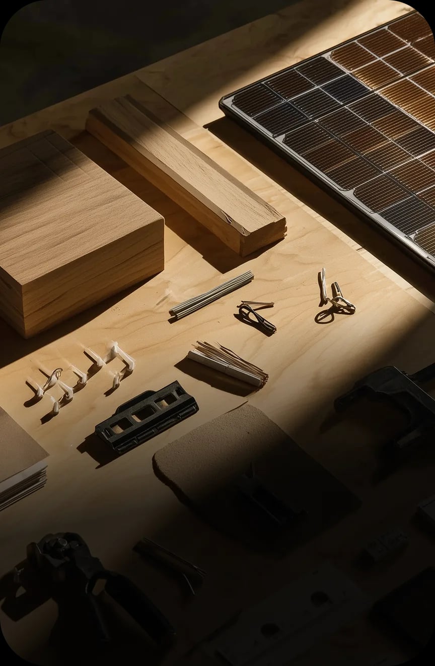 Solar panel tools and materials on workbench